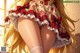 A girl with long blonde hair wearing a skirt and stockings.